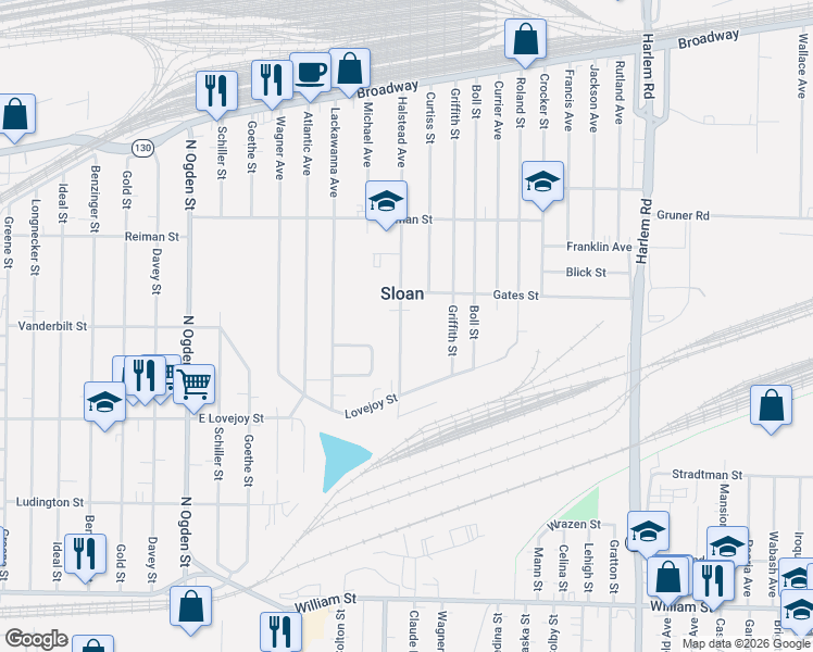map of restaurants, bars, coffee shops, grocery stores, and more near 69 Halstead Avenue in Sloan