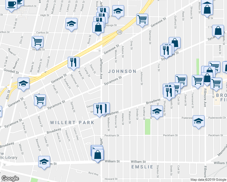 map of restaurants, bars, coffee shops, grocery stores, and more near 452 Monroe Street in Buffalo