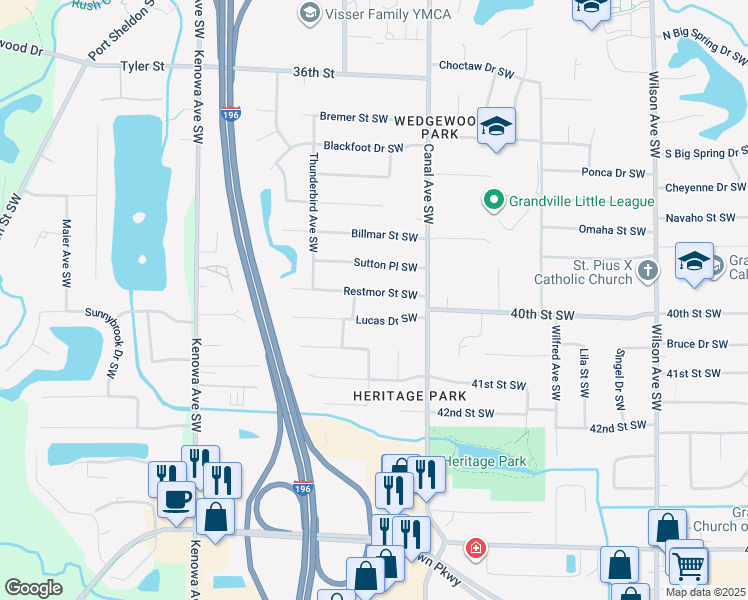 map of restaurants, bars, coffee shops, grocery stores, and more near 4486 Restmor Street Southwest in Grandville