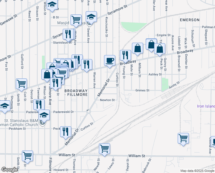 map of restaurants, bars, coffee shops, grocery stores, and more near 2 Geneva Street in Buffalo