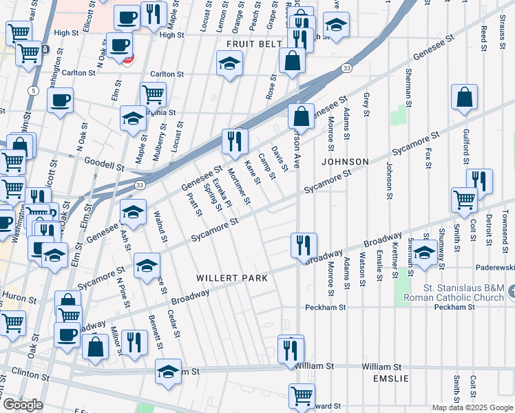 map of restaurants, bars, coffee shops, grocery stores, and more near 382 Sycamore St in Buffalo