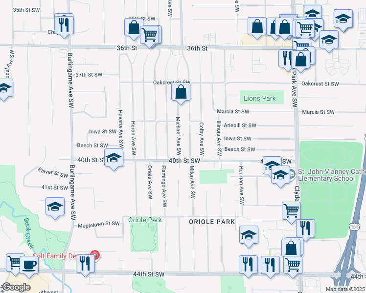 map of restaurants, bars, coffee shops, grocery stores, and more near 3912 Michael Ave SW in Wyoming