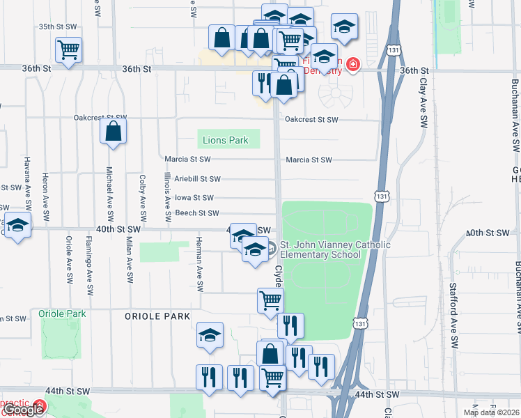 map of restaurants, bars, coffee shops, grocery stores, and more near 831 Beech Street Southwest in Wyoming