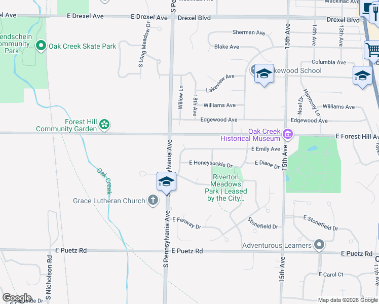 map of restaurants, bars, coffee shops, grocery stores, and more near 2515 East Emily Avenue in Oak Creek