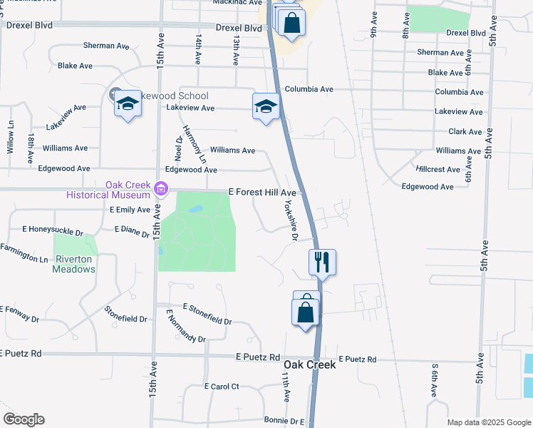 map of restaurants, bars, coffee shops, grocery stores, and more near 8342 Newbury Drive in Oak Creek