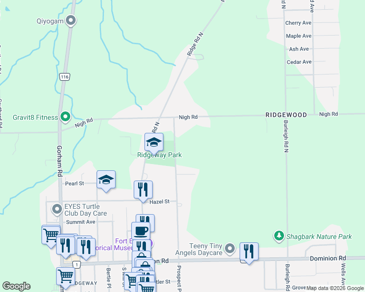 map of restaurants, bars, coffee shops, grocery stores, and more near 646 Prospect Point Road North in Fort Erie