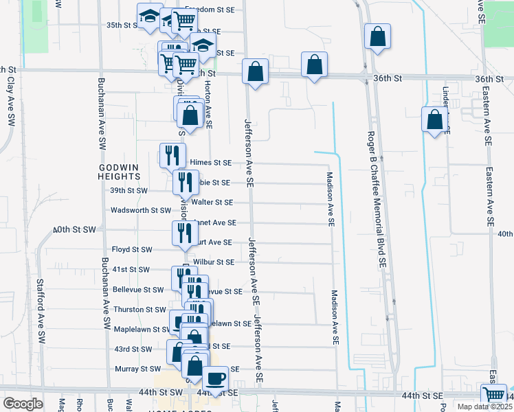 map of restaurants, bars, coffee shops, grocery stores, and more near 208 Walter Street Southeast in Grand Rapids