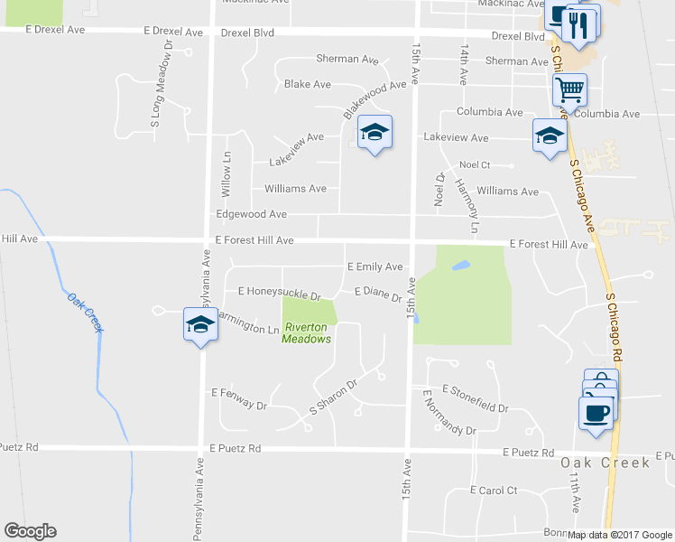 map of restaurants, bars, coffee shops, grocery stores, and more near 2905 East Emily Avenue in Oak Creek