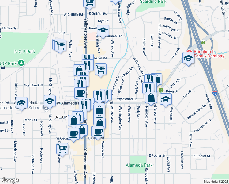 map of restaurants, bars, coffee shops, grocery stores, and more near 958 Meadowbrook Ln in Pocatello