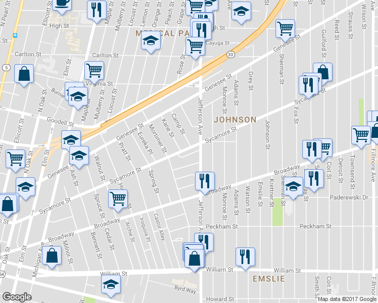 map of restaurants, bars, coffee shops, grocery stores, and more near 419 Sycamore Street in Buffalo