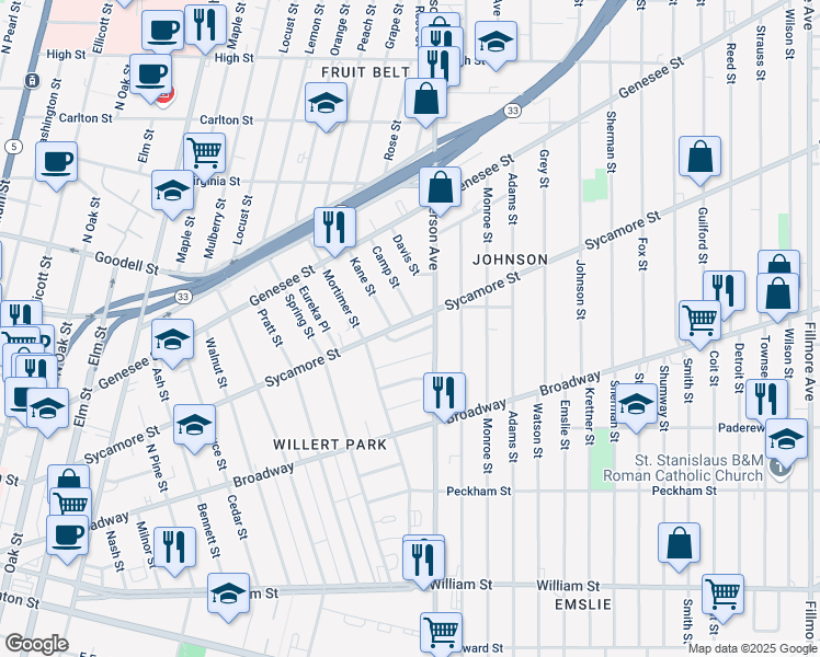 map of restaurants, bars, coffee shops, grocery stores, and more near 419 Sycamore Street in Buffalo