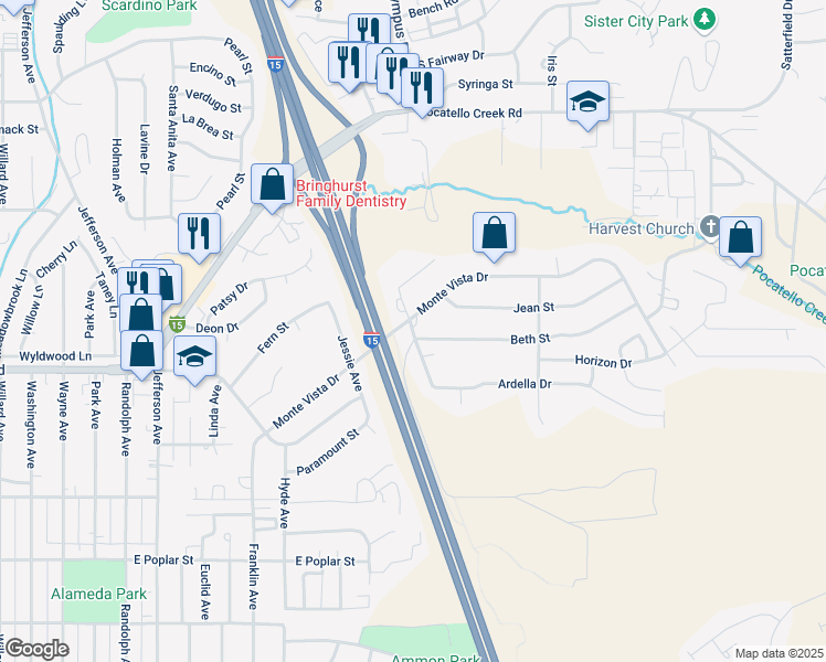 map of restaurants, bars, coffee shops, grocery stores, and more near 1620 Beth Street in Pocatello