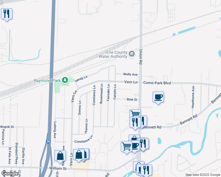 map of restaurants, bars, coffee shops, grocery stores, and more near 73 Fairoaks Lane in Buffalo