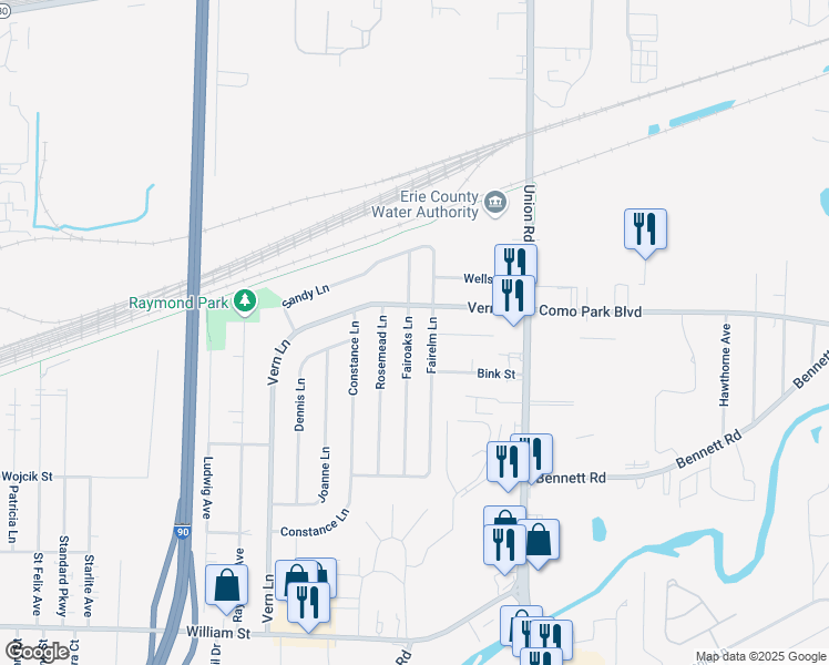 map of restaurants, bars, coffee shops, grocery stores, and more near 73 Fairoaks Lane in Buffalo