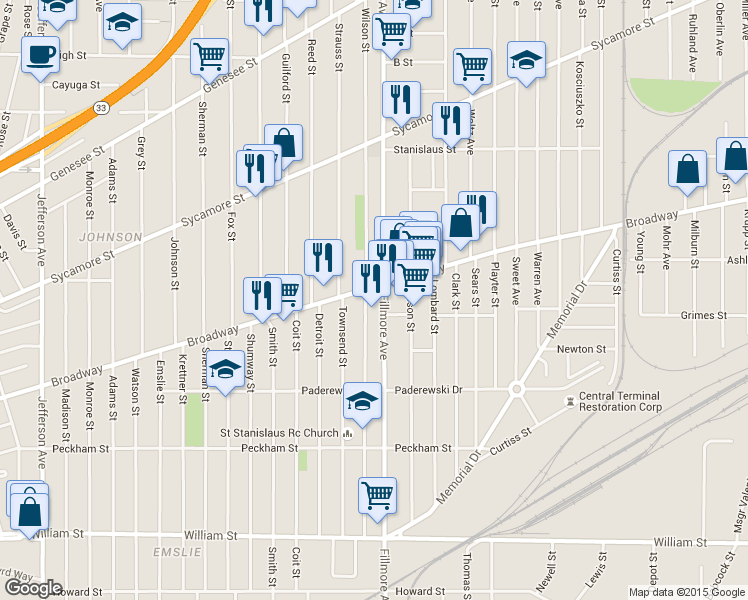 map of restaurants, bars, coffee shops, grocery stores, and more near in Buffalo