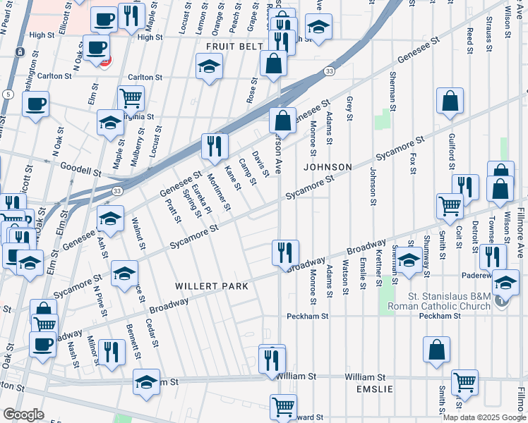 map of restaurants, bars, coffee shops, grocery stores, and more near 419 Sycamore Street in Buffalo