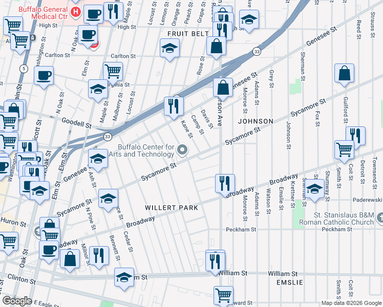 map of restaurants, bars, coffee shops, grocery stores, and more near 382 Sycamore St in Buffalo