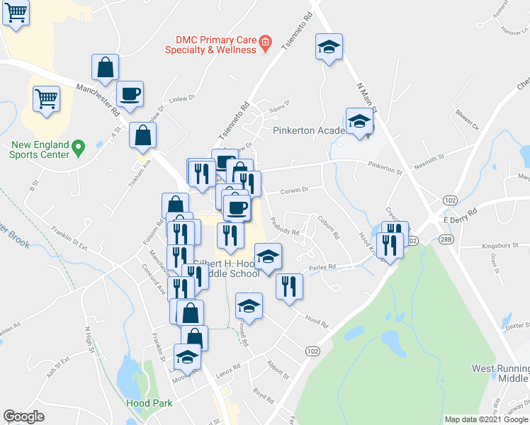 map of restaurants, bars, coffee shops, grocery stores, and more near 11 Peabody Road in Derry