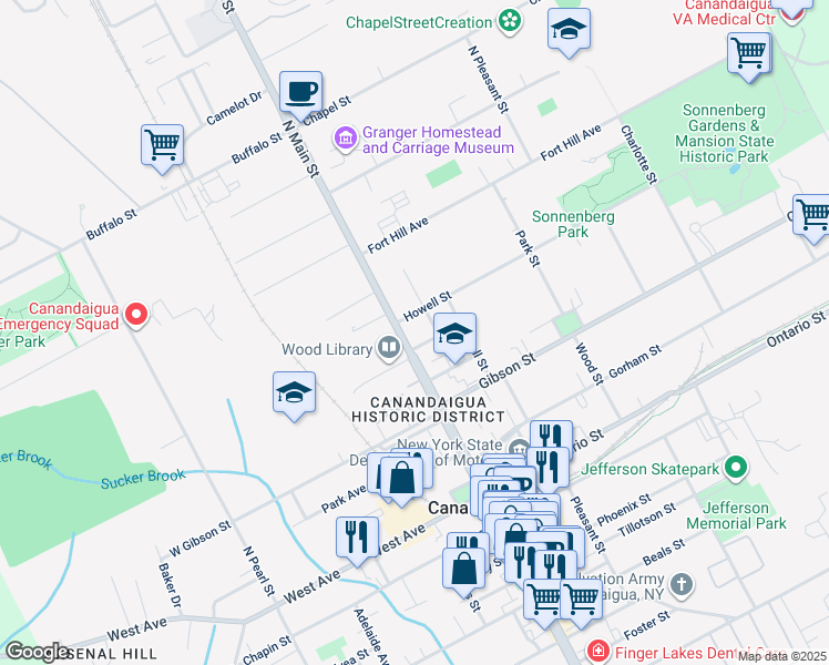 map of restaurants, bars, coffee shops, grocery stores, and more near 143 North Main Street in Canandaigua