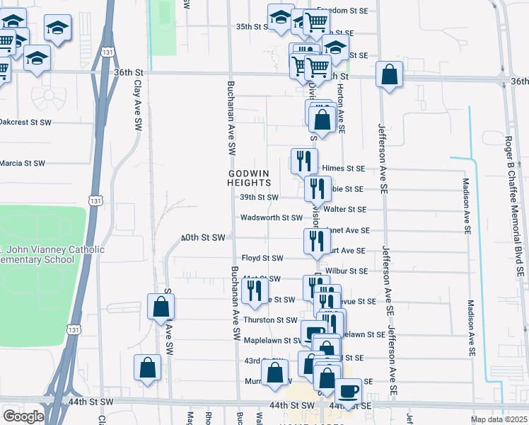 map of restaurants, bars, coffee shops, grocery stores, and more near 109 Wadsworth Street Southwest in Grand Rapids