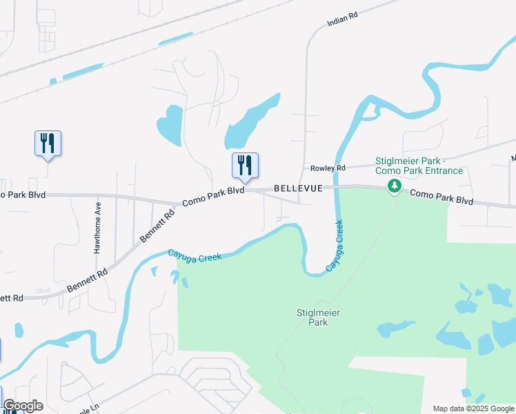 map of restaurants, bars, coffee shops, grocery stores, and more near 46 Park Street in Cheektowaga