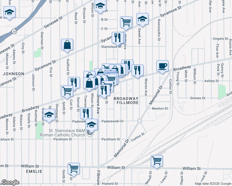 map of restaurants, bars, coffee shops, grocery stores, and more near 237 Lombard Street in Buffalo