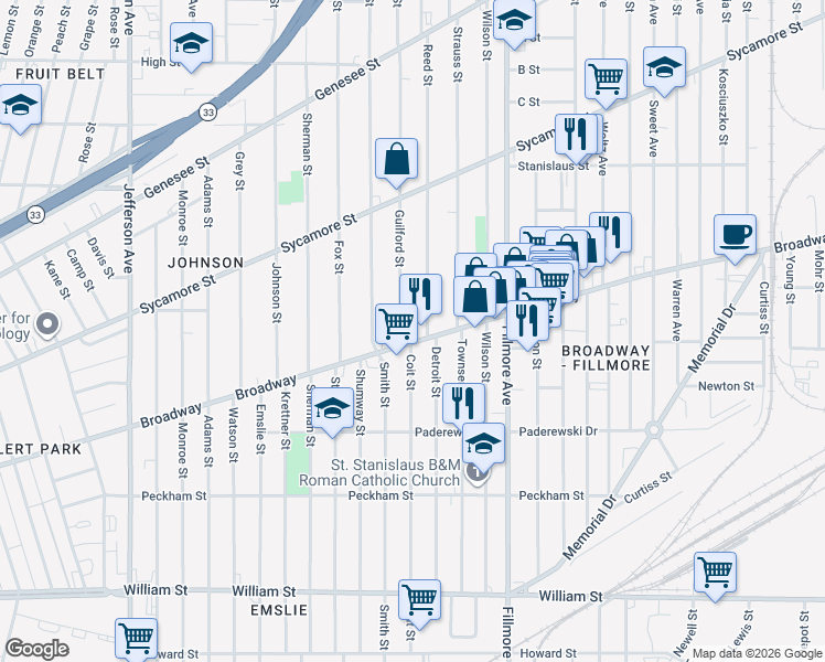 map of restaurants, bars, coffee shops, grocery stores, and more near 850 Broadway in Buffalo