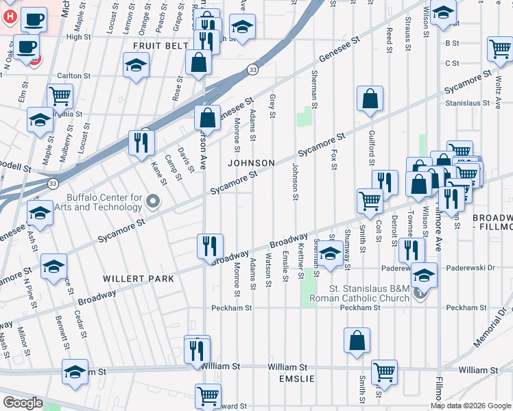 map of restaurants, bars, coffee shops, grocery stores, and more near 455 Adams Street in Buffalo