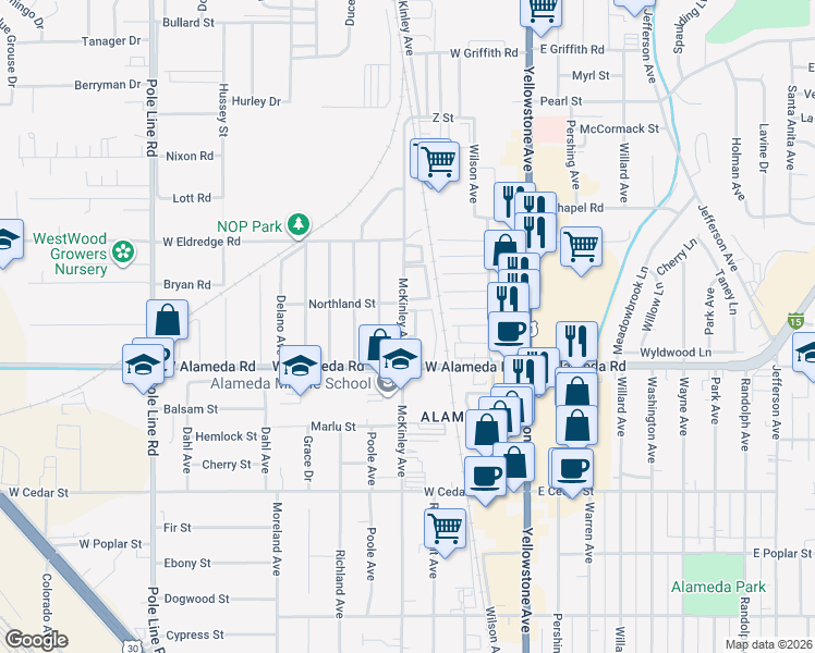map of restaurants, bars, coffee shops, grocery stores, and more near 962 McKinley Avenue in Pocatello