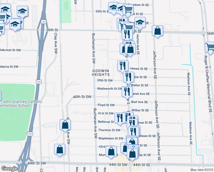 map of restaurants, bars, coffee shops, grocery stores, and more near 109 Wadsworth Street Southwest in Grand Rapids