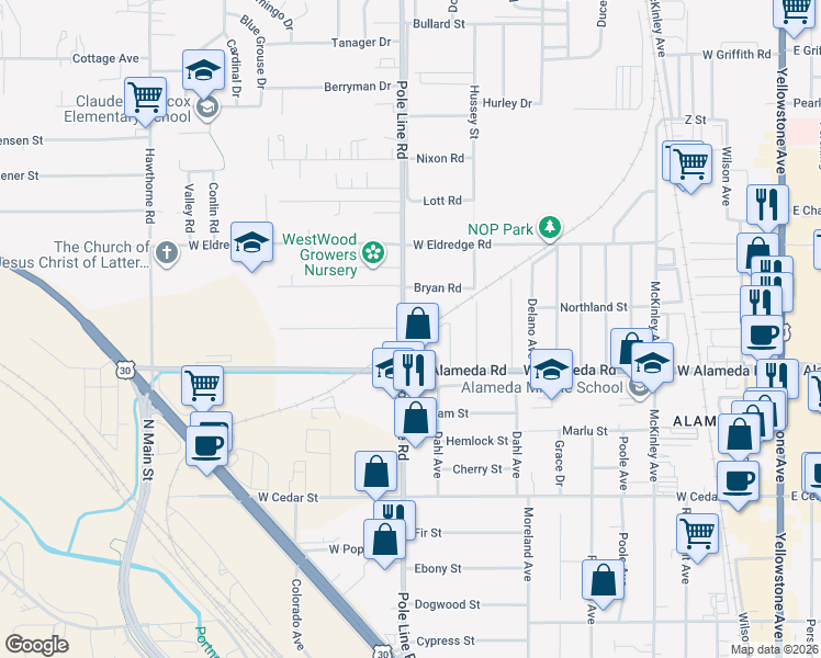 map of restaurants, bars, coffee shops, grocery stores, and more near 3304 Pole Line Road in Pocatello