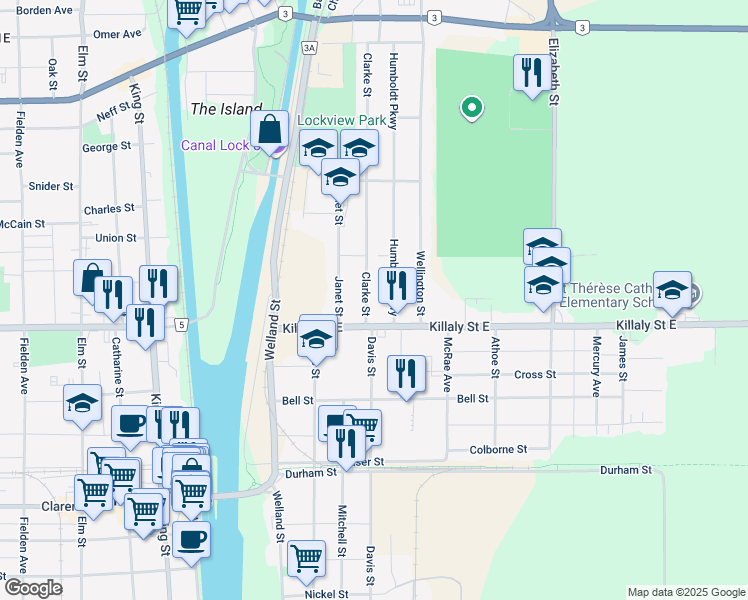 map of restaurants, bars, coffee shops, grocery stores, and more near 27 Clarke Street in Port Colborne