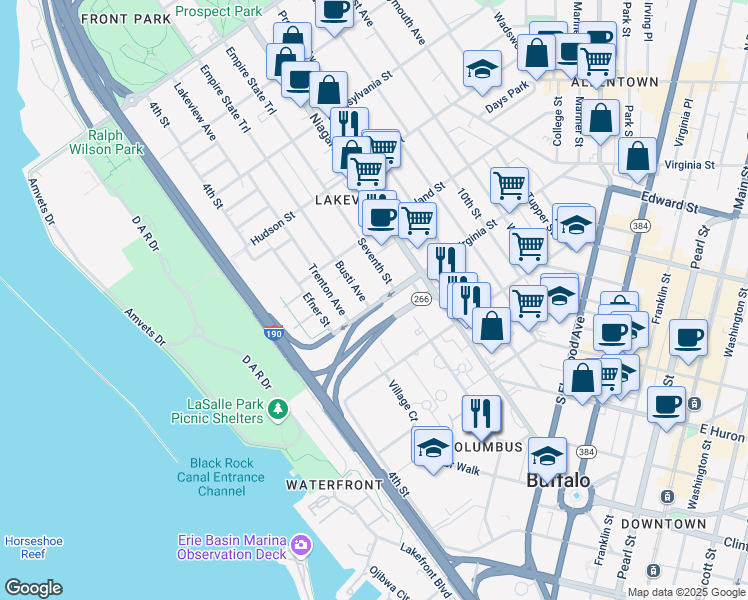 map of restaurants, bars, coffee shops, grocery stores, and more near 235 Busti Avenue in Buffalo
