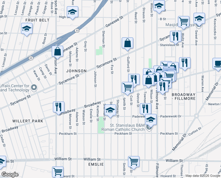 map of restaurants, bars, coffee shops, grocery stores, and more near 34 Fox Street in Buffalo