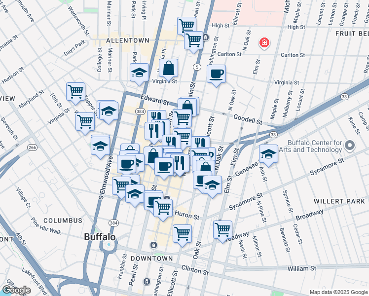 map of restaurants, bars, coffee shops, grocery stores, and more near 689 Main Street in Buffalo