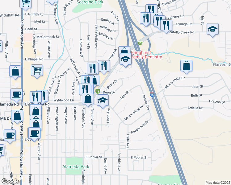 map of restaurants, bars, coffee shops, grocery stores, and more near 1021 Deon Drive in Pocatello