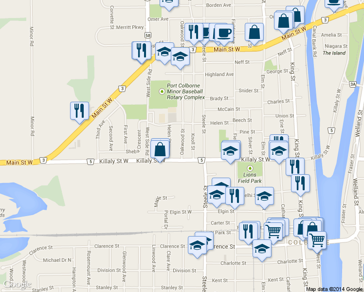 map of restaurants, bars, coffee shops, grocery stores, and more near 19 Oakwood Street in Port Colborne