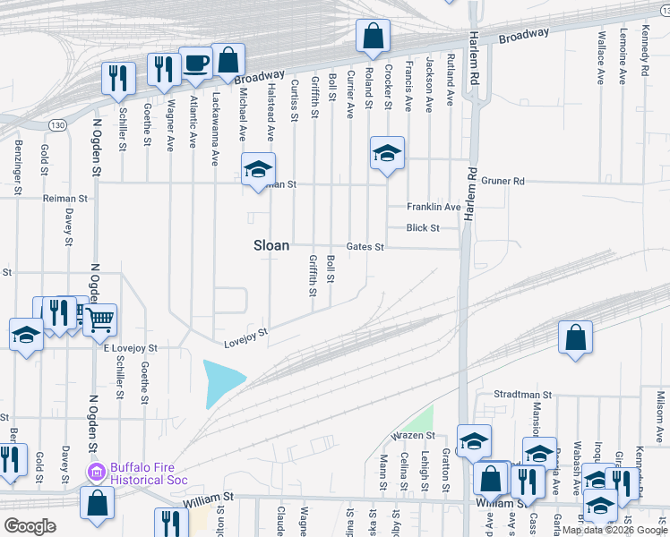 map of restaurants, bars, coffee shops, grocery stores, and more near 43 Boll Street in Buffalo