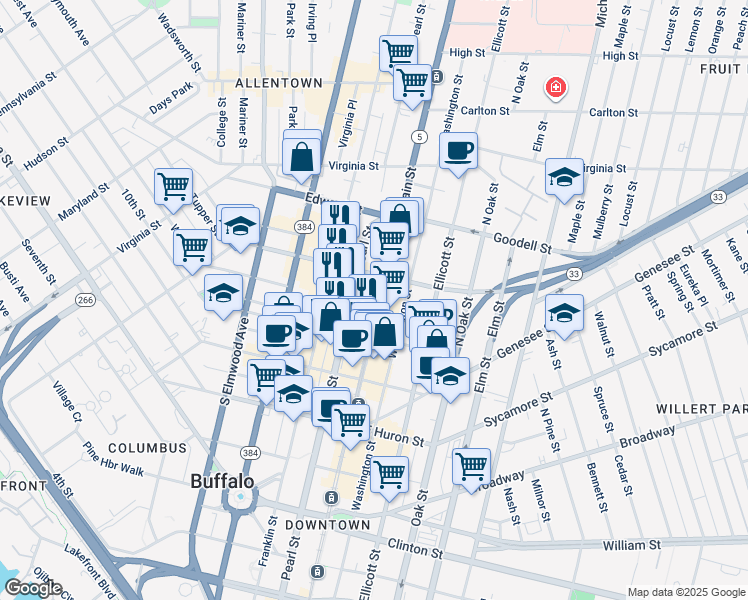 map of restaurants, bars, coffee shops, grocery stores, and more near 481 Pearl Street in Buffalo