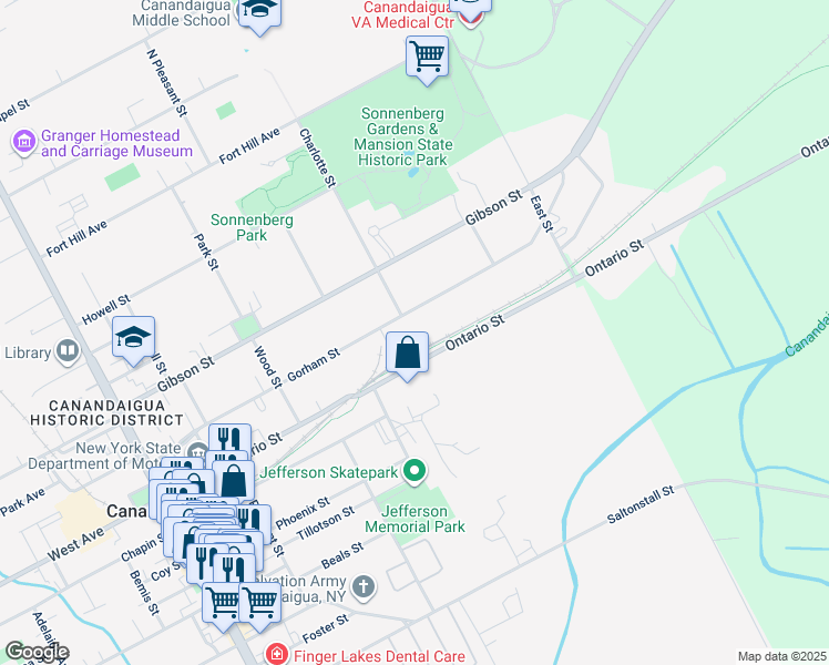 map of restaurants, bars, coffee shops, grocery stores, and more near 215 Gorham Street in Canandaigua