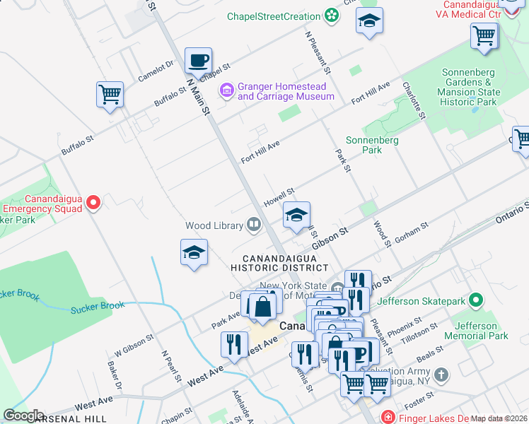 map of restaurants, bars, coffee shops, grocery stores, and more near 143 North Main Street in Canandaigua