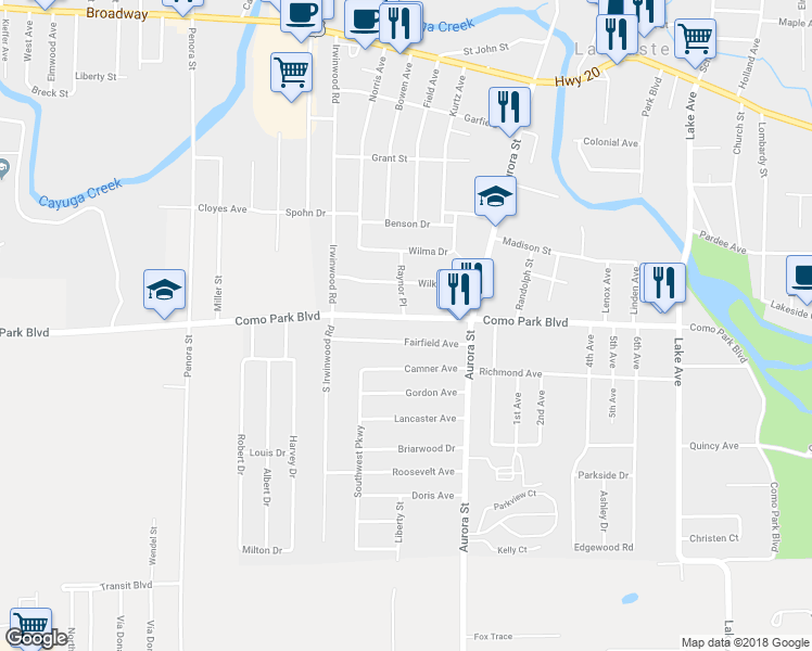 map of restaurants, bars, coffee shops, grocery stores, and more near 1895 Como Park Boulevard in Lancaster