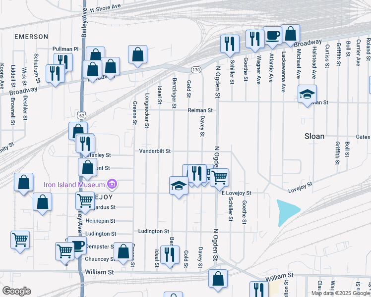 map of restaurants, bars, coffee shops, grocery stores, and more near 108 Vanderbilt Street in Buffalo
