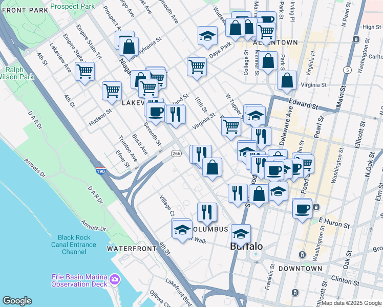 map of restaurants, bars, coffee shops, grocery stores, and more near 305 Niagara Street in Buffalo
