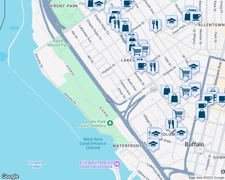 map of restaurants, bars, coffee shops, grocery stores, and more near 186 Efner Street in Buffalo
