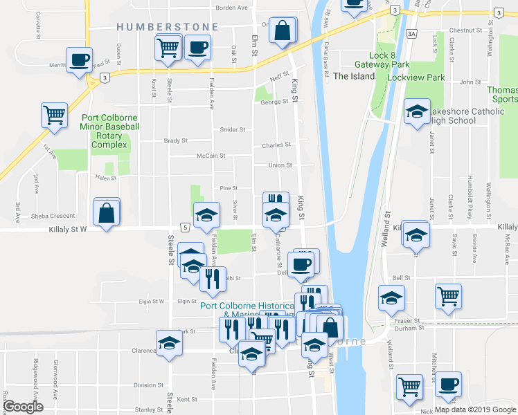 map of restaurants, bars, coffee shops, grocery stores, and more near in Port Colborne