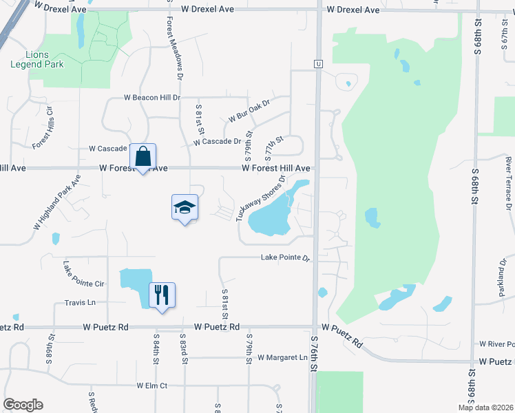 map of restaurants, bars, coffee shops, grocery stores, and more near 8384 Tuckaway Shores Drive in Franklin