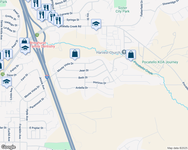 map of restaurants, bars, coffee shops, grocery stores, and more near 1992 Beth Street in Pocatello