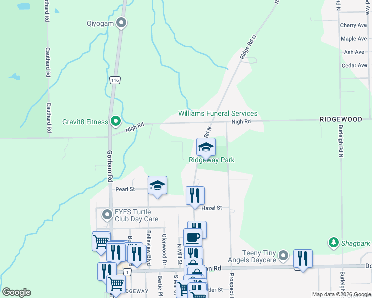 map of restaurants, bars, coffee shops, grocery stores, and more near 641 Ridge Road North in Fort Erie