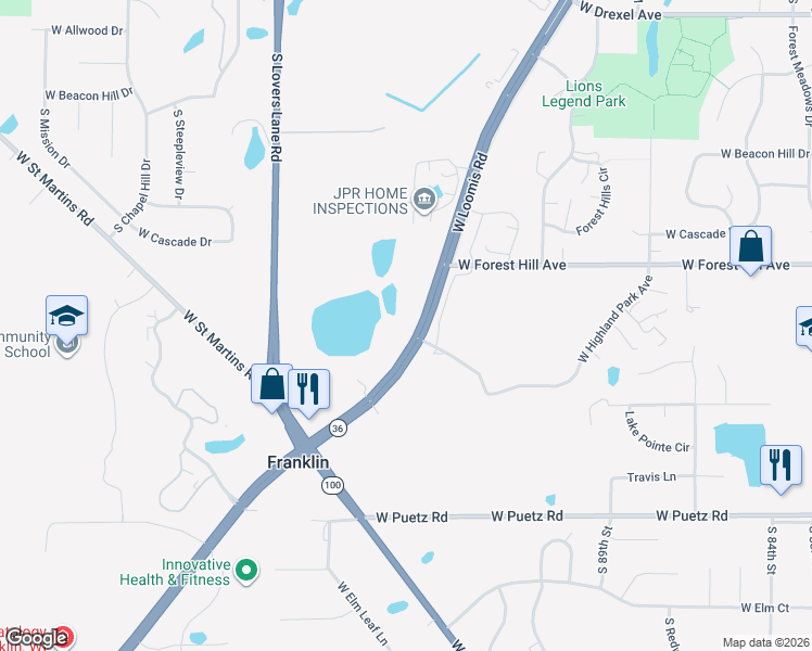 map of restaurants, bars, coffee shops, grocery stores, and more near 9530 Wisconsin 36 in Franklin